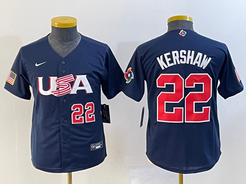 Women's USA Baseball #22 Clayton Kershaw 2023 Navy World Baseball Classic With Patch Stitched Jersey(Run Small)
